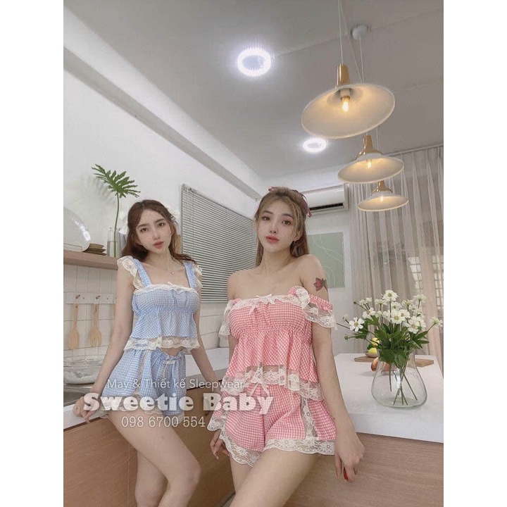 Set bộ xốp caro phối ren  hàng loại 1 chất đẹp siêu dễ thương