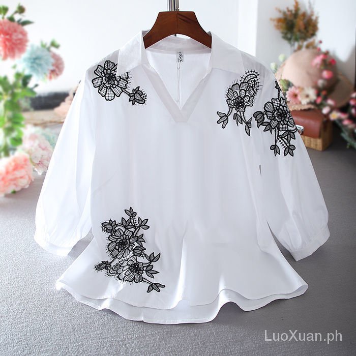 Áo Sơ Mi Tay Ngắn 3/4 Vải Cotton Mỏng Cỡ Lớn Thêu Họa Tiết Thời Trang Cho Nữ