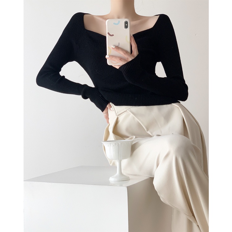 Áo kiểu ZHELIHANGFEI vải dệt kim tay dài hở vai thời trang quyến rũ cho nữ