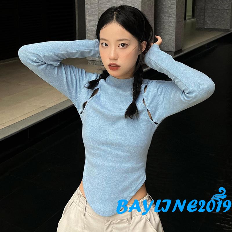 Áo Thun Dài Tay Cắt Xẻ Màu Trơn Thời Trang Nữ