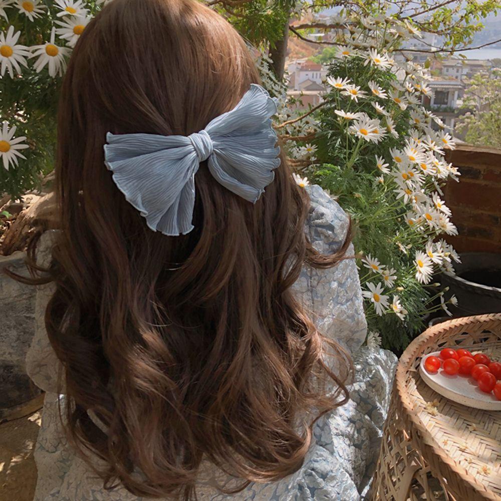 Kẹp Tóc Nơ Xếp Ly Màu Ngà Phong Cách Hàn Quốc Sang Trọng