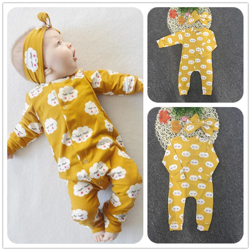 Bộ áo liền quần Mikrdoo chất liệu cotton kèm băng đô đáng yêu cho bé sơ sinh