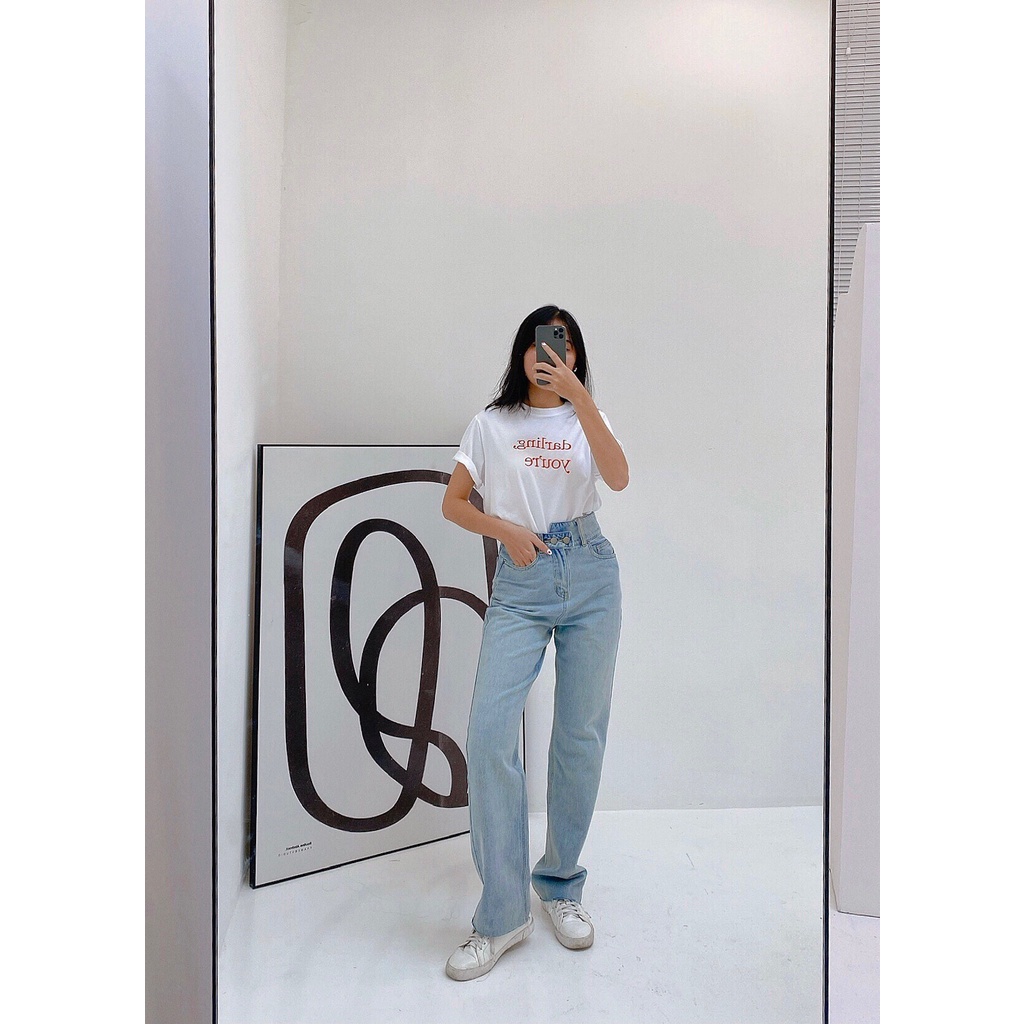 Quần jeans ống suông cài nút xéo MIEU - HA12