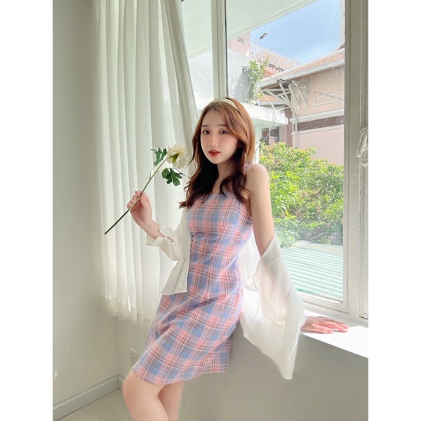 SET ĐẦM CARO Ô NHÍ 2 DÂY + ÁO KHOÁC SƠ MI TRẮNG
