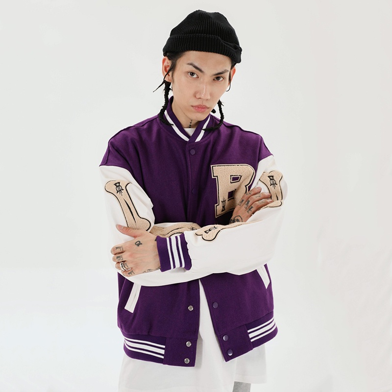 Áo khoác IELGY phối dai PU dáng rộng đồng phục bóng chày thời trang hip-hop dành cho nam