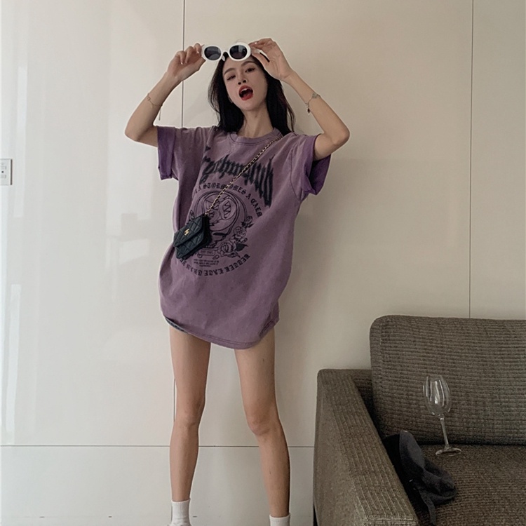 Áo thun SUXI tay ngắn cổ tròn dáng rộng in chữ thời trang mùa hè dành cho nữ