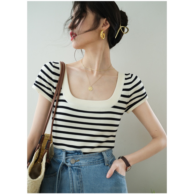 Áo thun ZHELIHANGFEI tay ngắn họa tiết sọc năng động thời trang theo phong cách retro