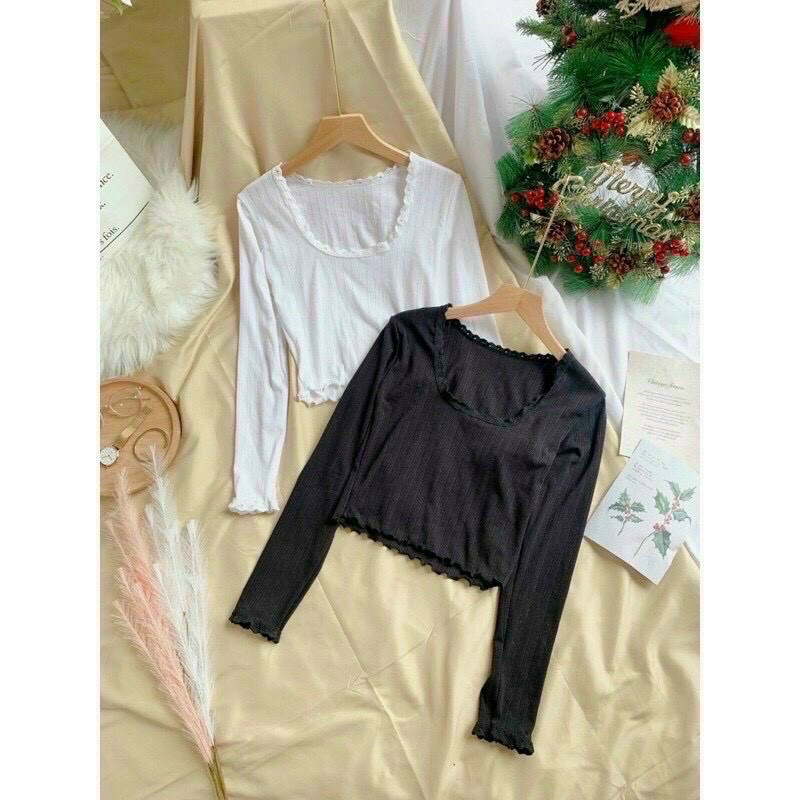 Áo thun gân len cổ V viền bèo tiểu thư NY alohashop91