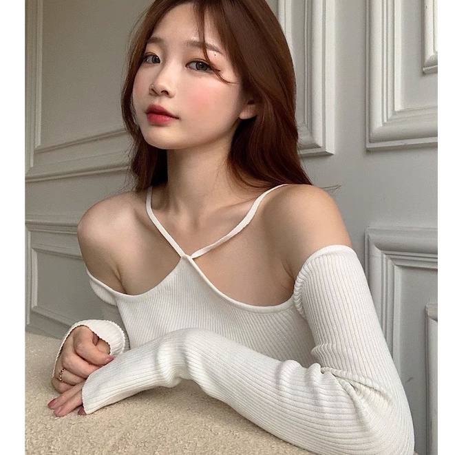 Áo croptop dệt kim tay dài trễ vai thời trang cho nữ