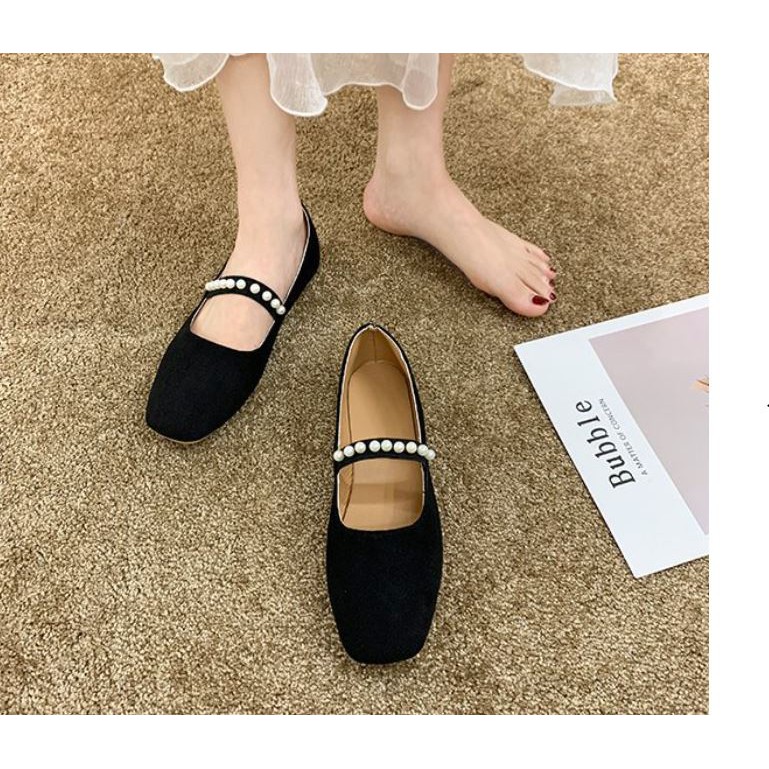 Giày bệt nữ, giày búp bê vải da lộn quai ngang đính ngọc chất mềm đi êm chân, phong cách Hàn Quốc xinh xắn cho nữ