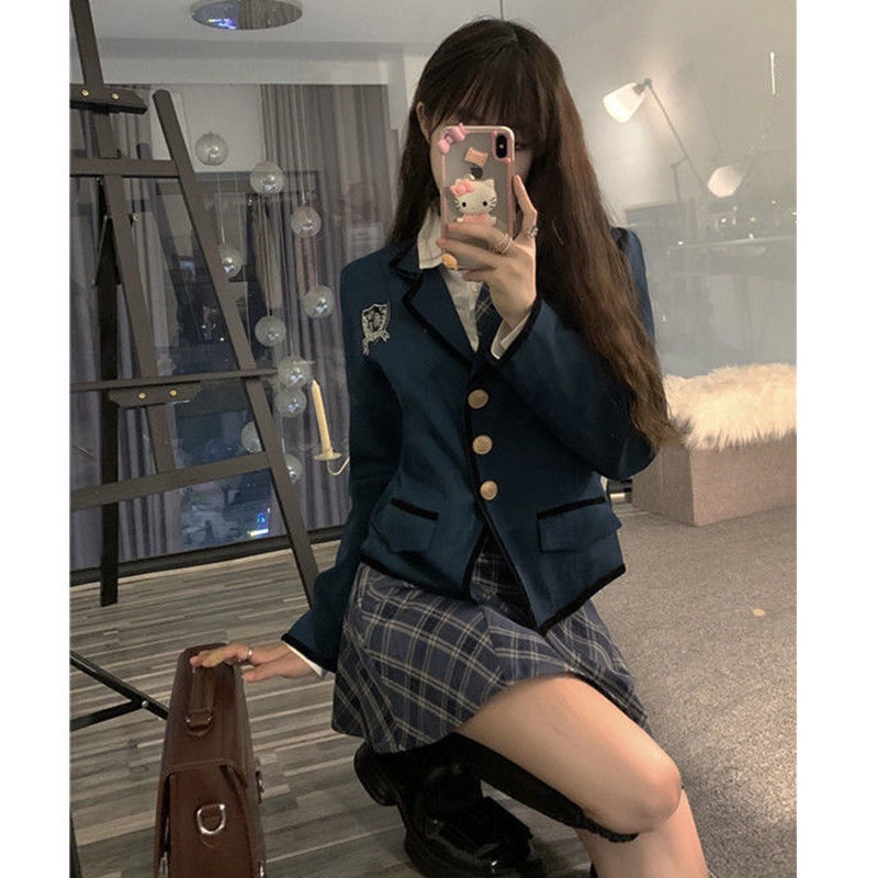 Set áo khoác vest + áo sơ mi tay dài + chân váy lưng cao thời trang mùa thu mới cho nữ 2021 có bán lẻ