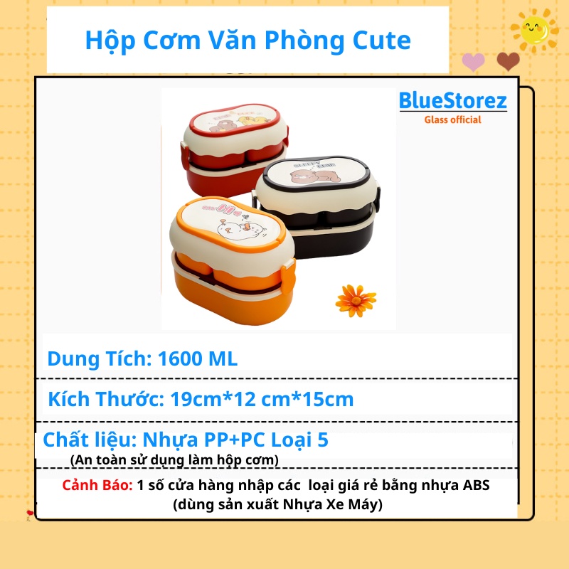 Hộp đựng cơm văn phòng Eat Clean 1600ml cute kèm túi giữ nhiệt an toàn sử dụng lò vi sóng tặng kèm đũa thìa - BlueStore