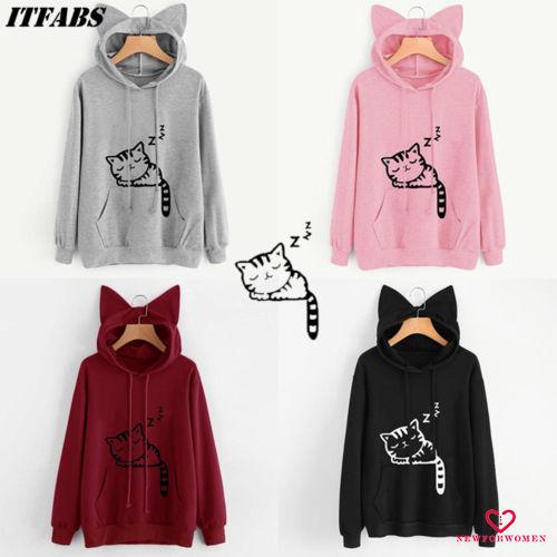 Áo hoodie tay dài thiết kế mũ tai mèo đáng yêu dành cho nữ