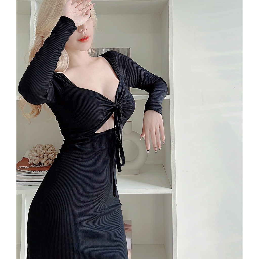 Đầm body sexy tay dài.  Đầm dáng ôm khoét ngực dây yếm cột cổ chất liệu thun gân co giãn, mẩu lên tôn dáng , hàng cao cấ