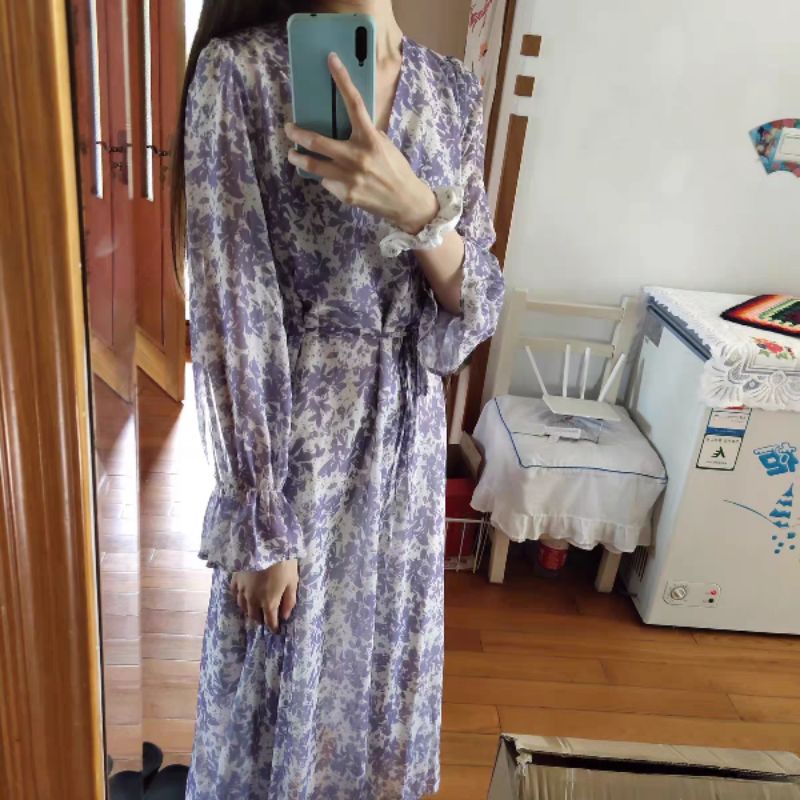 Váy maxi hoa dài tay voan nữ tính