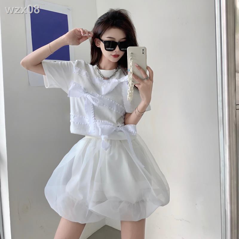 Áo blouse ngắn tay thắt nơ nữ xuân hè phong cách mới Phiên bản Hàn Quốc của sợi lưới thời trang là xu hướng váy