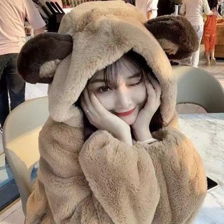 ☁❍Áo khoác có mũ trùm hình tai gấu bằng lông nhung mềm mại thời trang mùa thu đông 2020 dành cho nữ