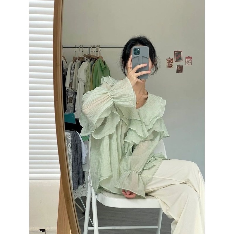 Áo Sơ Mi Tay Phồng Cổ Chữ V Dáng Rộng Phong Cách Phương Tây Thời Trang Cho Nữ