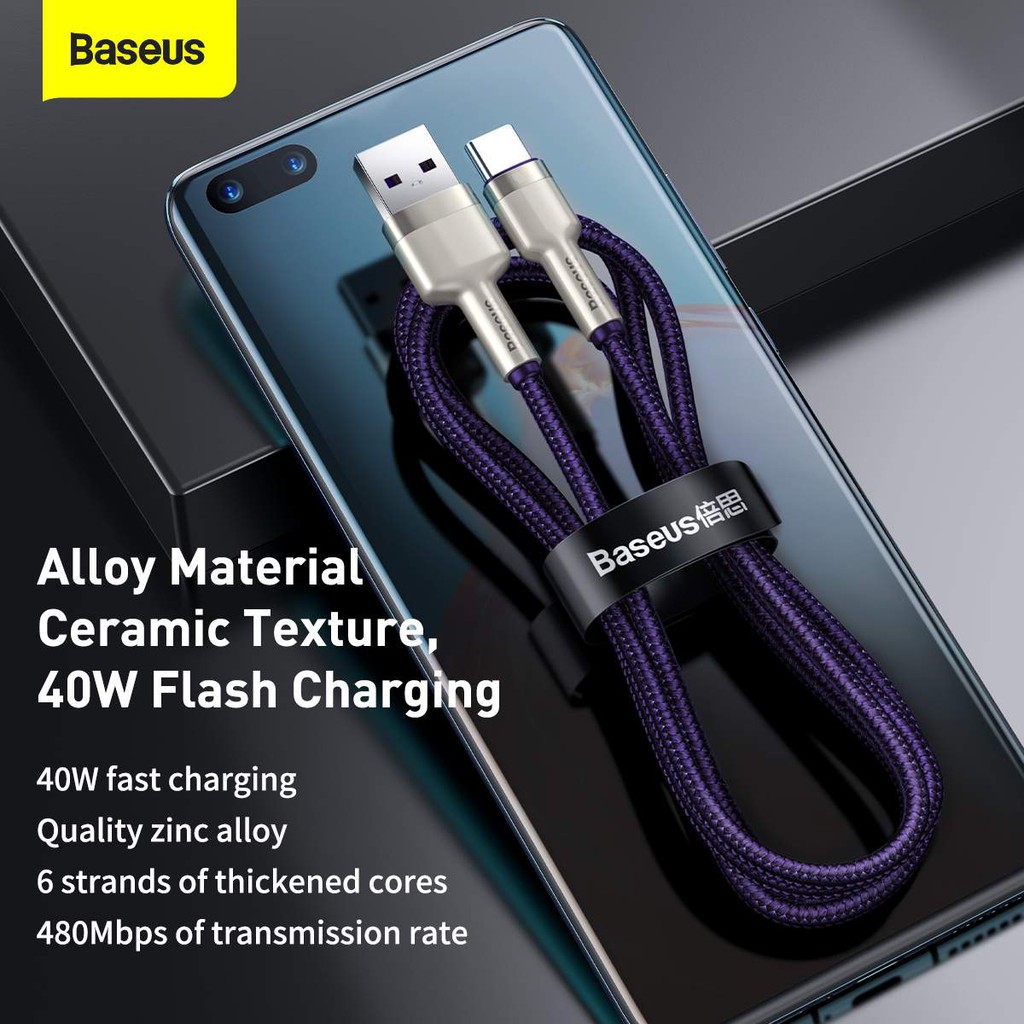 Cáp sạc 40W Baseus Metal Data Type-C USB, sạc nhanh 5A Max, truyền dữ liệu 480Mbps, dây bọc dù chống đứt, dài 1m/2m