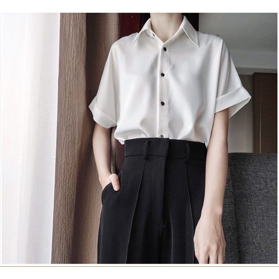 Áo sơ mi công sở ngắn tay satin trắng phong cách Hồng Kông
