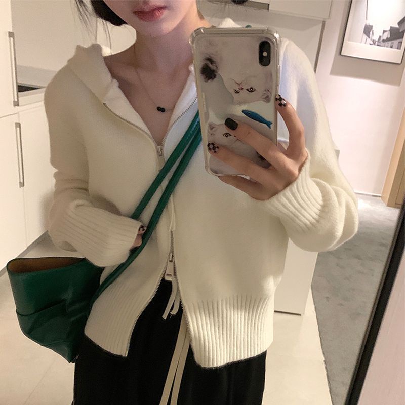 Áo khoác cardigan COZOKC dệt kim tay dài khoá kéo đôi thiết kế ôm sát tôn dáng