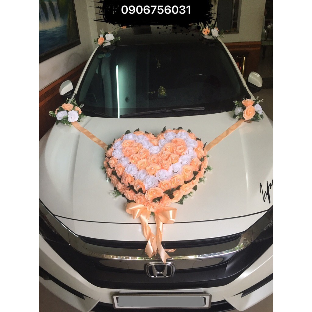  Bộ hoa cưới xe hơi mẫu trái tim HOA HỒNG CAM, đế hít nam châm, cam kết hình thật 100%  R6 in 1