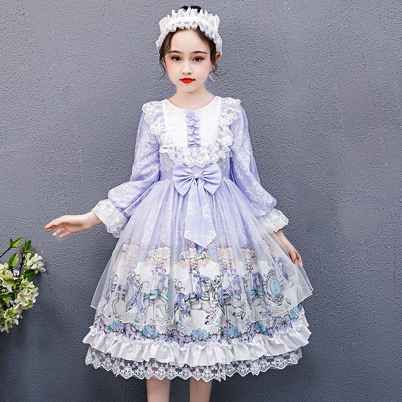 Đầm Công Chúa Dáng Dài Phối Lưới Kẻ Sọc Kiểu Lolita Dễ Thương Cho Bé Gái