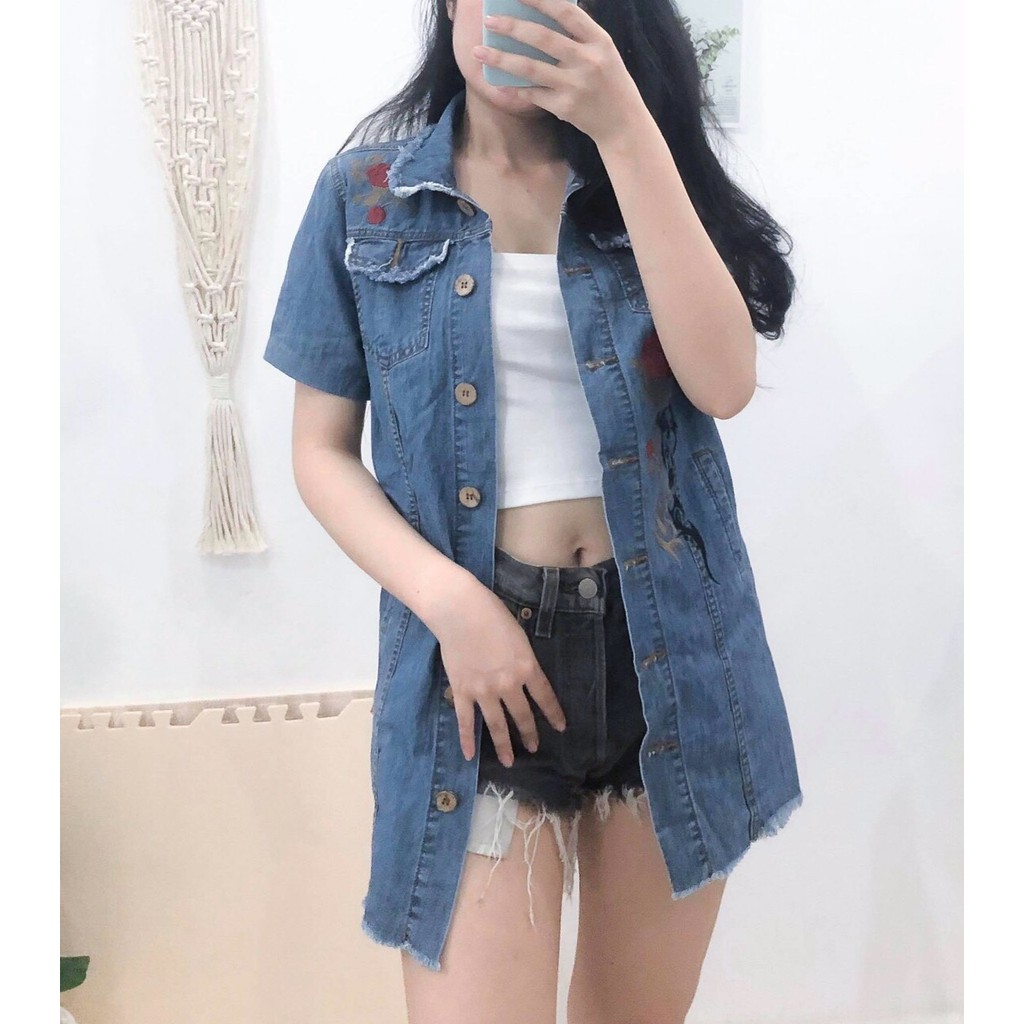 Áo khoác jeans ngắn tay dáng dài