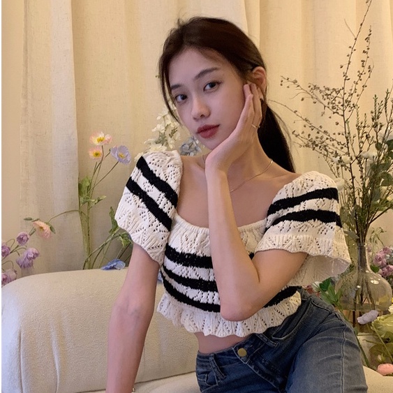 Áo Dệt Kim Ngắn Tay Họa Tiết Kẻ Sọc Thời Trang Hàn Quốc Cho Nữ