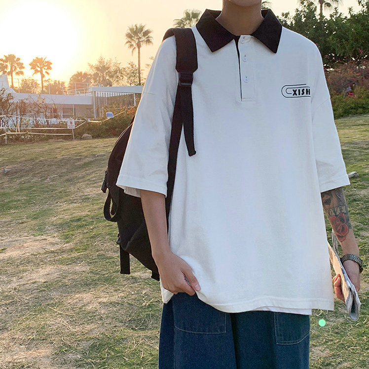 Áo thun Polo tay ngắn dáng rộng màu sắc đơn giản phong cách Hàn Quốc thời trang mùa hè cho nam