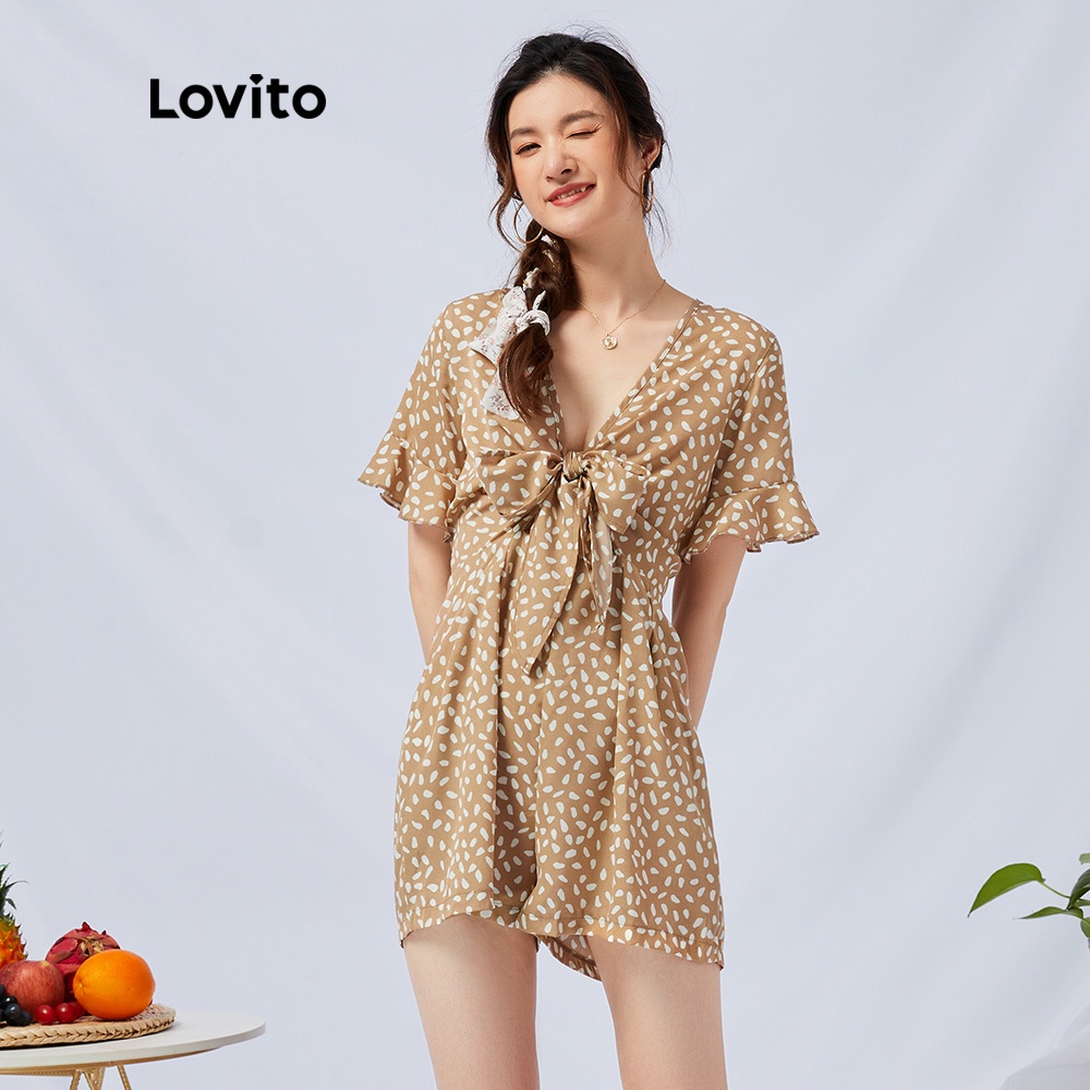 Áo liền quần Lovito cổ chữ V dây buộc trước họa tiết chấm bi phong cách lãng mạn L11011 (Màu be)