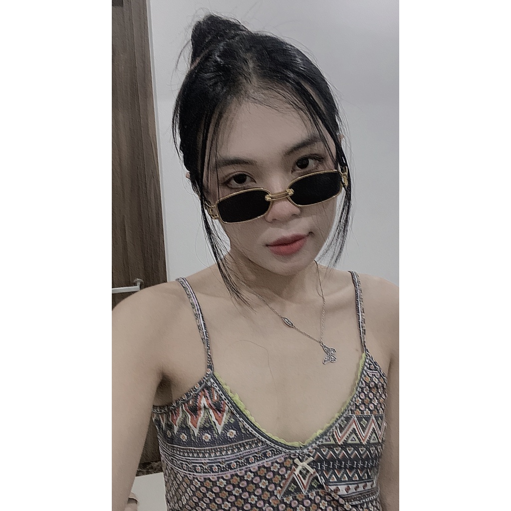 Kính mát hình tròn gọng màu vàng gold tròng màu nâu chống UV 400 vintage ảnh thật