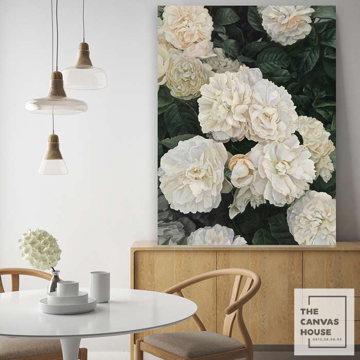 Tranh in Canvas Hoa Mẫu Đơn Trắng (Hình thật tại xưởng - Đã có khung, móc, đinh treo) - The Canvas House