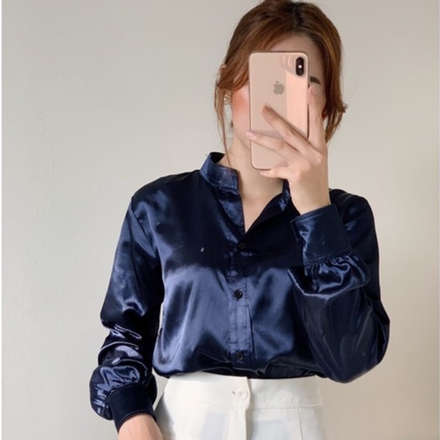 [Mã BMBAU50 giảm 7% đơn 99K] Áo sơ mi nữ cổ tàu xanh than đen phi bóng basic Ocean Harriet