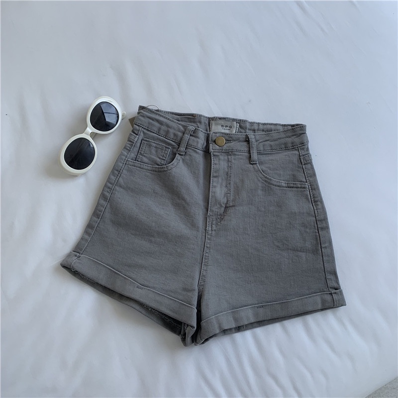 NUZIRO  Quần short denim  lưng cao ống rộng phong cách Hàn Quốc