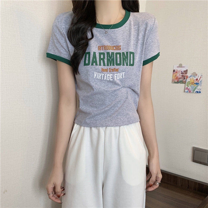 Áo thun IELGY dáng ôm ngắn tay màu trơn in chữ thời trang hè cho nữ