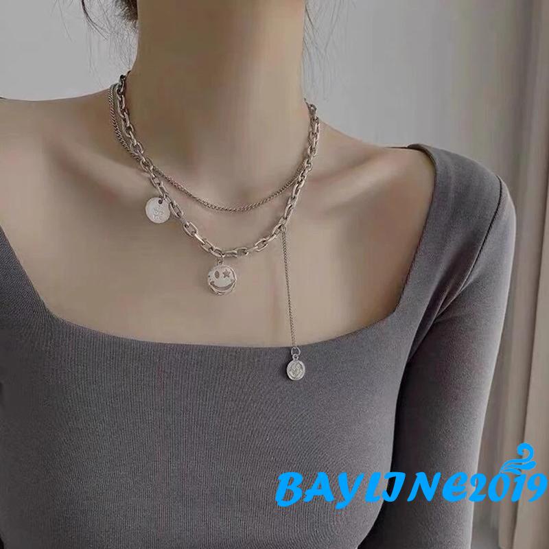 Bay-Women Layered Jewelry, Alloy Smile Face Charm Chain Necklace for Ladies, Gift for Girlfriend and Mother, Silver