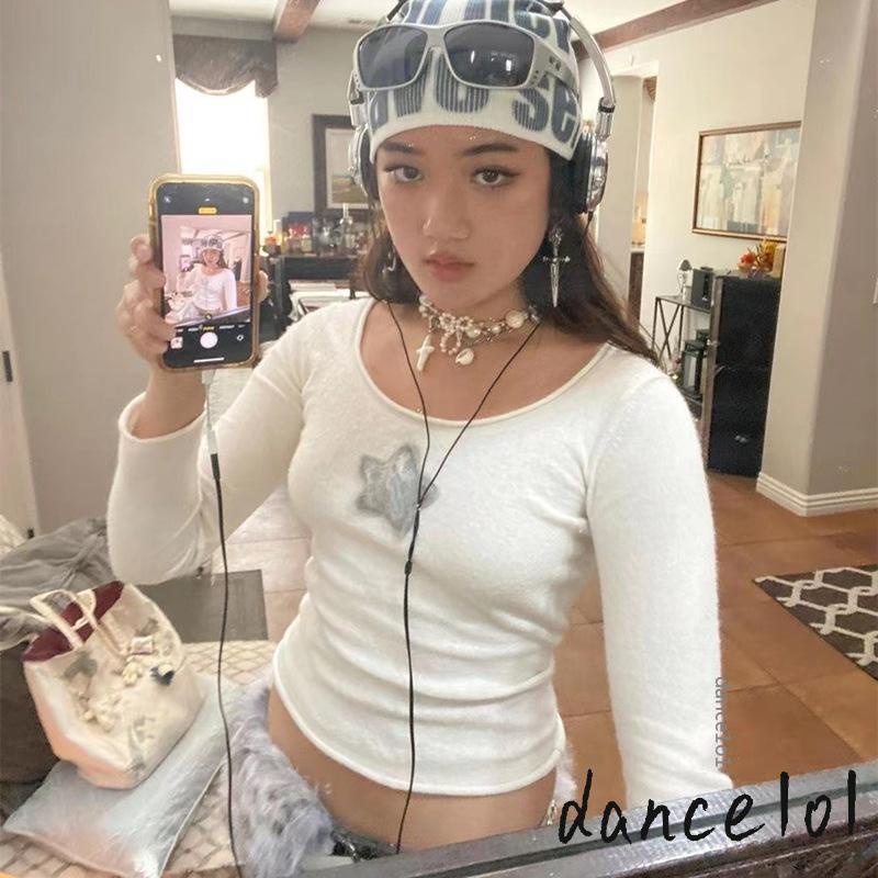 Áo Thun Tay Dài Cổ Tròn Thêu Ngôi Sao Nhảy Múa 1O1 Y2k