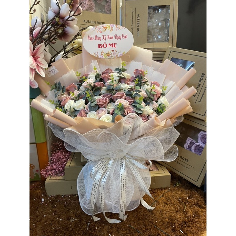 [Hoa Sinh nhật, kỷ niệm - Nowship] Bó hoa sáp 60bông cao cấp mix lá táo mốc, gói kiểu Hàn Quốc sang trọng. Siêu TO