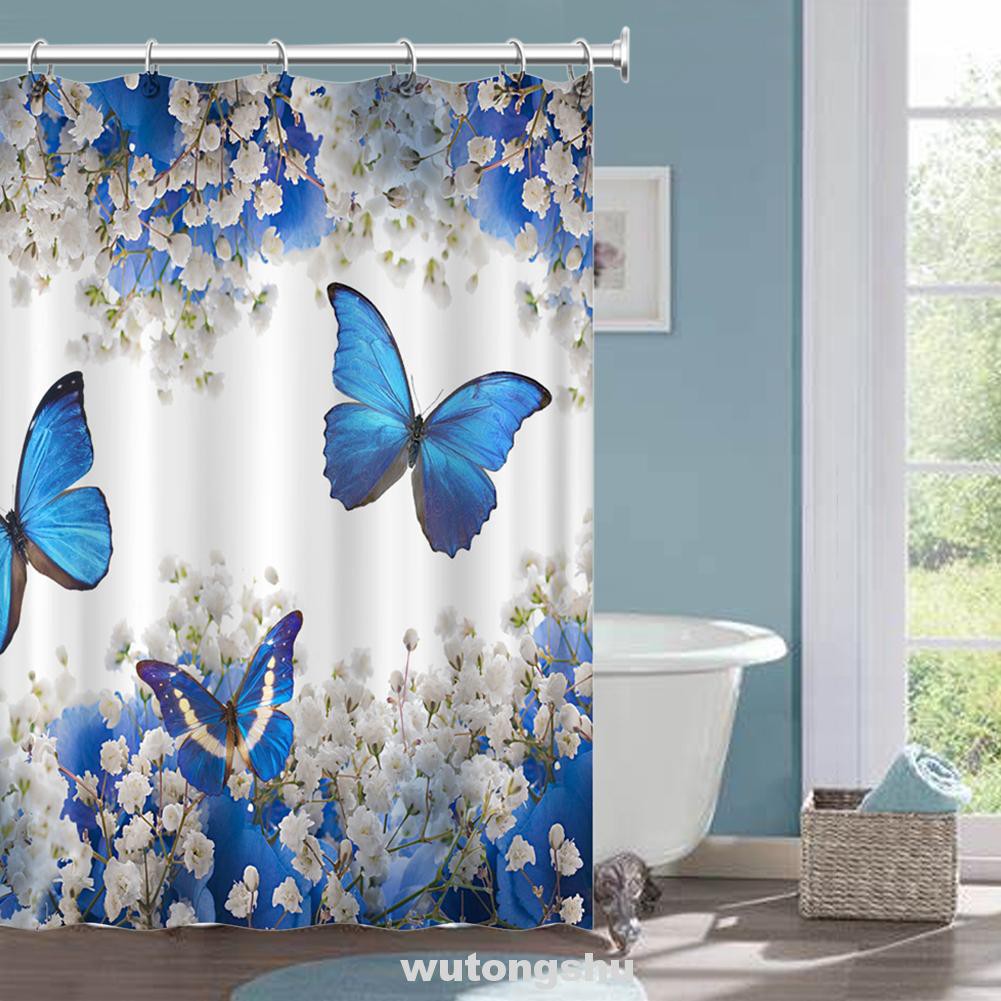 Rèm tắm in hình bướm chống thấm nước/ chống trượt/ có móc dễ lắp đặt cho nhà vệ sinh
