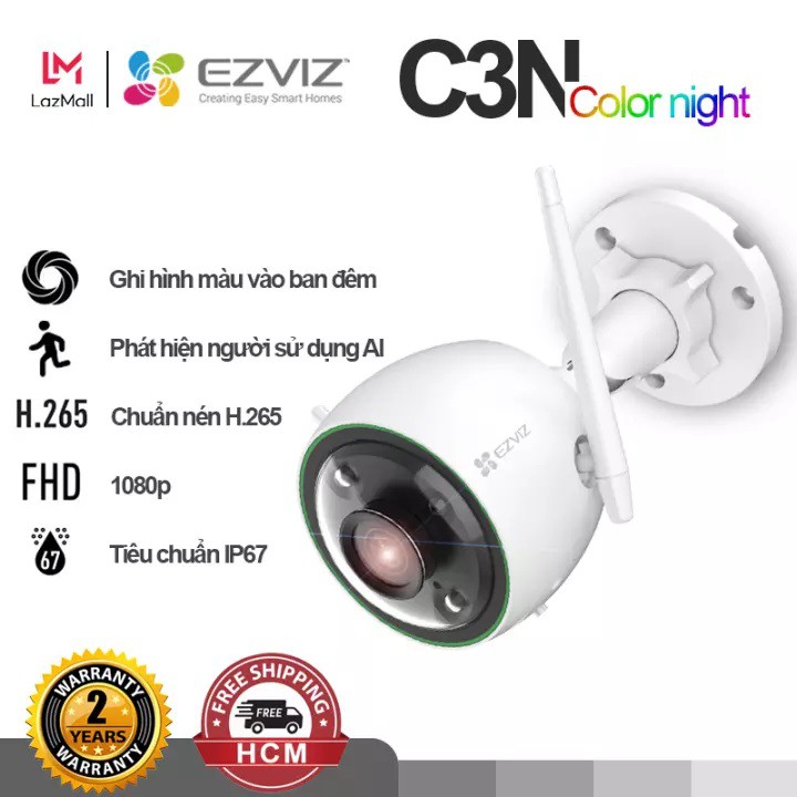 Camera IP Wifi ngoài trời EZVIZ C3N Phát hiện con người, ban đêm có màu, hổ trợ thẻ nhớ lên đến 256G