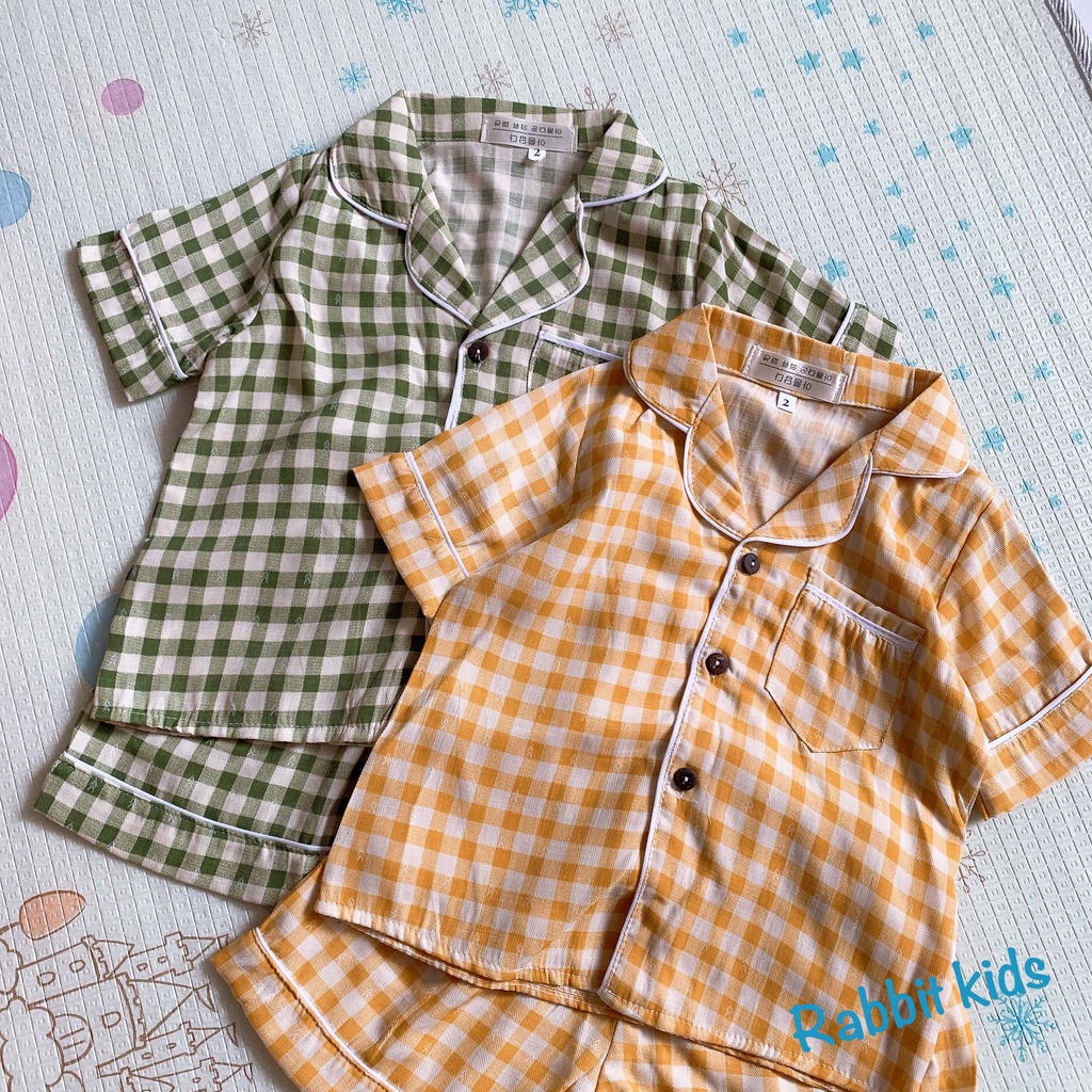 Đồ Bộ Pijama Cổ Sen Tay Ngắn Quần Ngắn Bé Trai Bé GáiFREESHIPBộ Pizama Caro Cộc Tay Cho Bé Chất Đũi Tằm Ý Cao Cấp