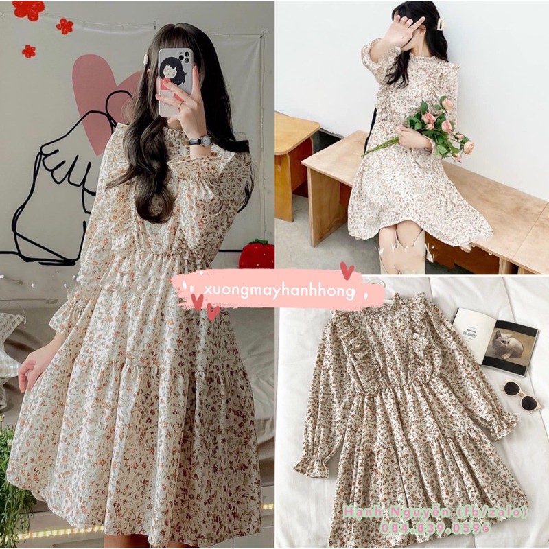 Váy hoa nhí chiffon vintage quảng châu viền bèo tiểu thư - Xưởng May Hạnh Hồng