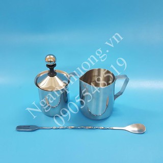 Combo 2 ca đánh sữa inox và 1muỗng inox 32cm( ca đánh sữa lạnh 400ml và ca đánh sữa 350ml)