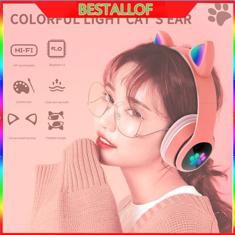 Wireless Bluetooth 5.0 Cute Cat Ear Shape Luminous Headphone Sport Headset Tai Nghe Chụp Tai Bluetooth Không Dây Trang Trí Hình Tai Mèo Có Đèn LED Điều Chỉnh Được Âm Lượng BEST