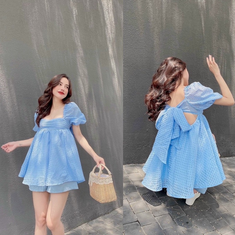 Set áo babydoll bbd kẻ ô tay bồng nơ lưng với quần ngắn