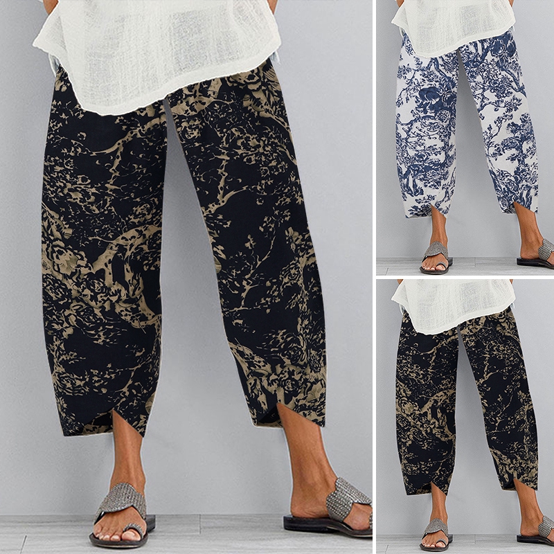 Quần ZANZEA Ống Rộng Lưng Thun Thoải Mái Họa Tiết In Thời Trang Cho Nữ