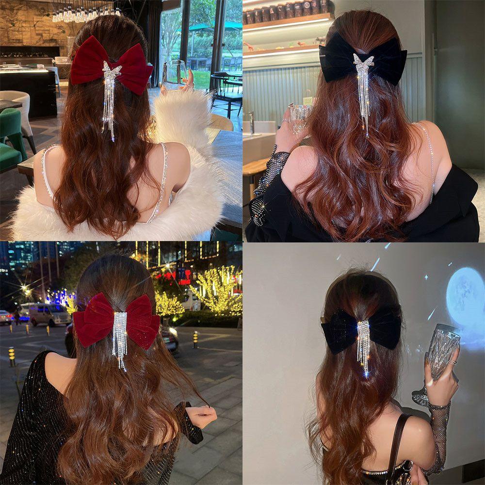 Kẹp Tóc Nơ Bằng Satin Phong Cách Vintage|Dây Tua Rua Xinh Xắn Chất Lượng