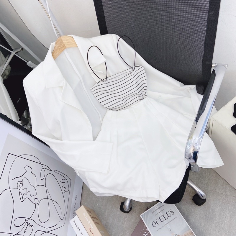 SET 3 MÓN : ÁO LÓT SỌC DÂY BÚN + ÁO KHOÁC VEST TAY DÀI + QUẦN SHORT