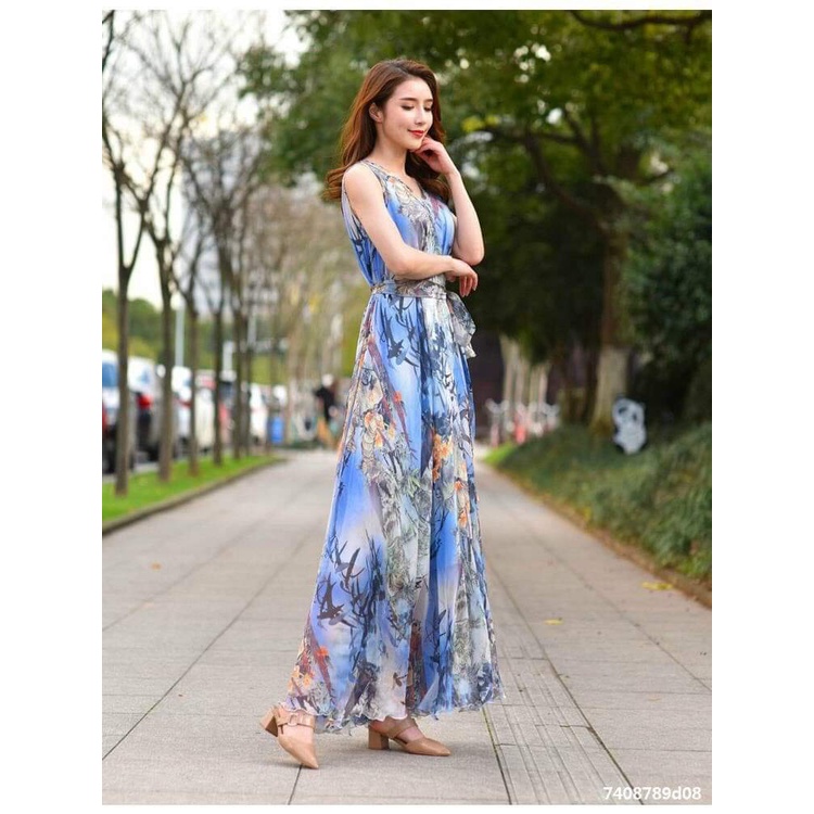 Đầm Maxi Hoa Hoạ Tiết Hoa Lá,Đầm Maxi Suông, Đầm Nữ Cổ V